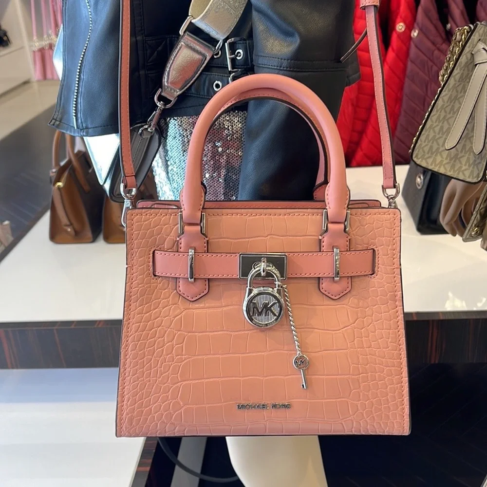 MICHAEL KORS Hamilton Small Crocodile Embossed Faux Leather Satchel Primrose NWT